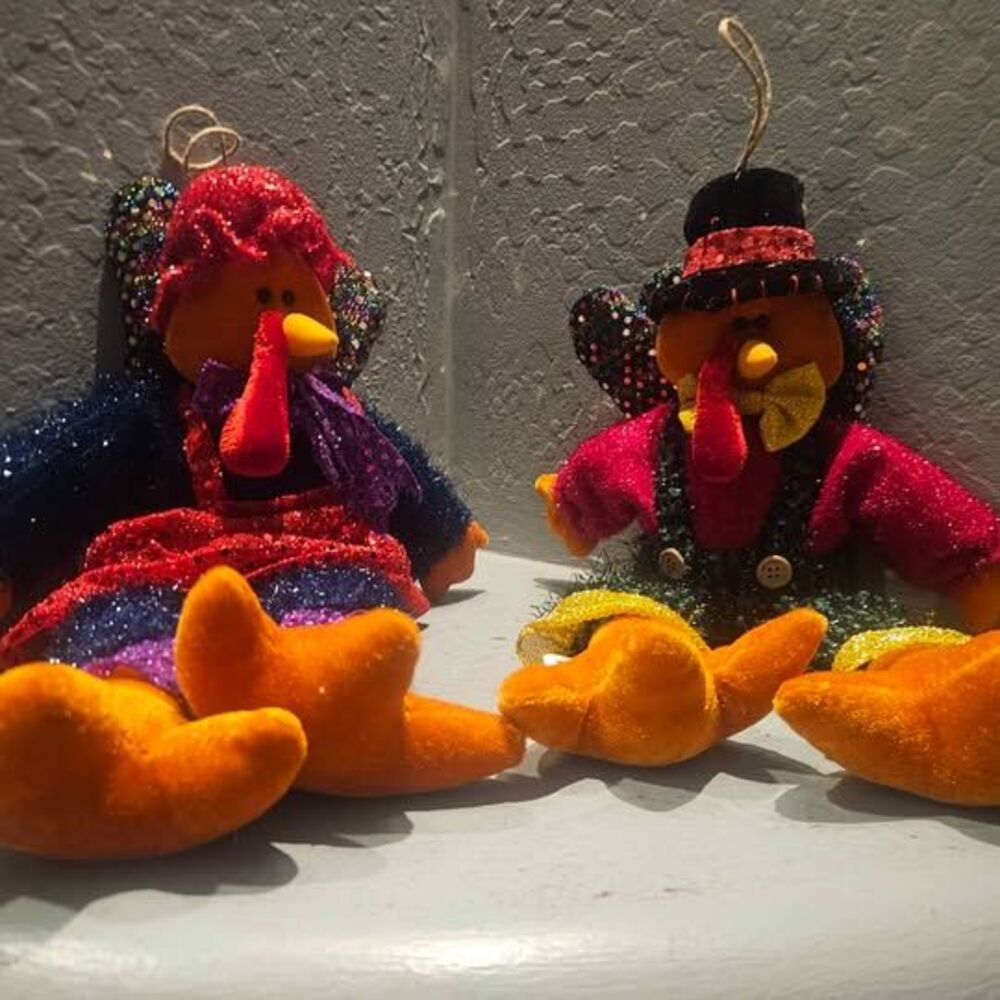 Thanksgiving Turkey Plush Ornaments Pair Shelf Sitter Or Hanging